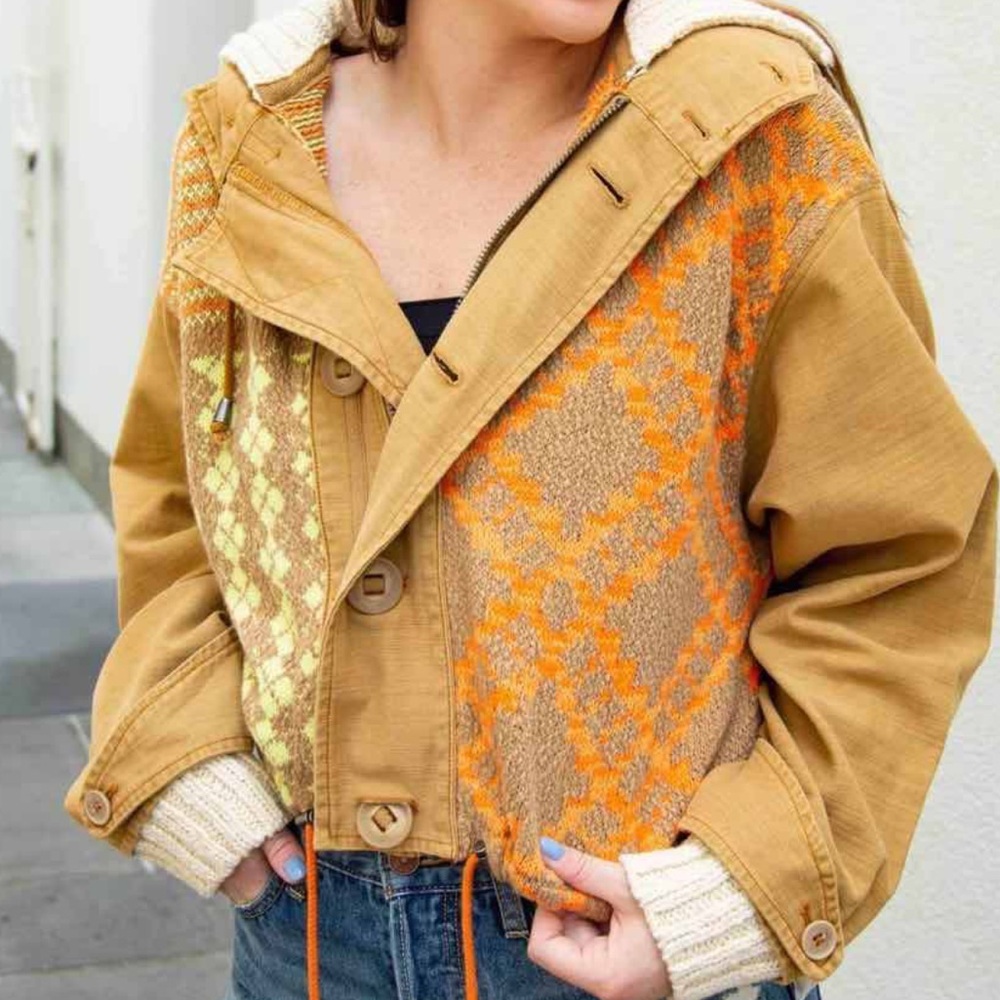 Free People Reno Multi Media Hooded Jacket Boho Patchwork xs stand funnel neck - Picture 3 of 11